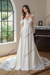 Crepe A-Line Gown With Pocket And Dramatic Lace Train