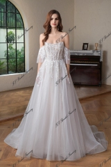 Beaded  Lace  Detached Sleeve Glitter  A Line Wedding Gown