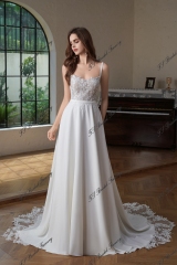Crepe A-Line Gown with Square Neckline and Lace Bodice