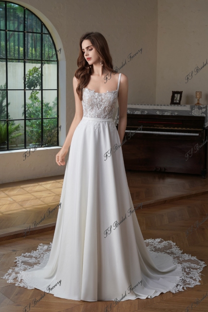 Crepe A-Line Gown with Square Neckline and Lace Bodice