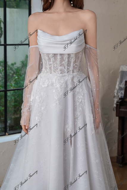 Detached Pearls Sleeve A Line Tulle Wedding Dress