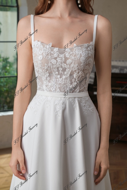 Crepe A-Line Gown with Square Neckline and Lace Bodice