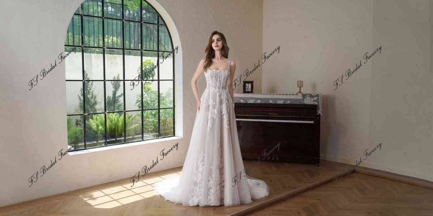 Beaded  Square Neck Line Lace A Line Wedding Gown