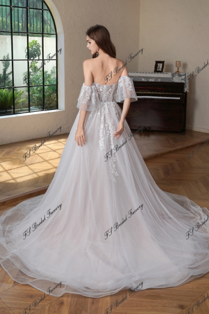A Line Sleeve White Wedding Dress Beaded Lace Up Lace Ball Gown Bridal Gown With Pearls main image 1