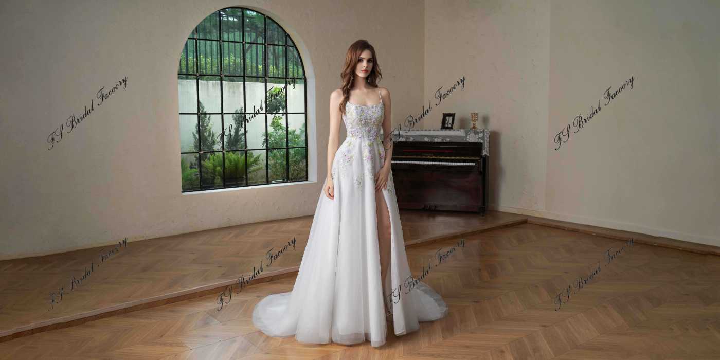 Colorful Beading Lace With Spaghetti Straps Glitter A Line Tulle Wedding Dress