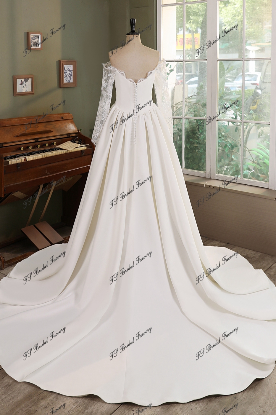 A Silhouette Lace Satin Bridal Gown With V Waist