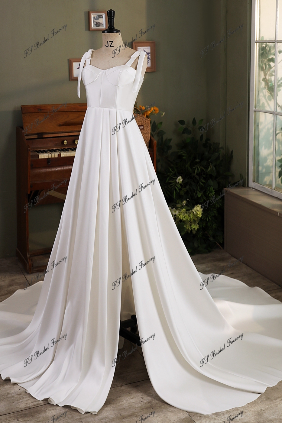 Soft Mikado Simple Wedding Gown With Long Tie Straps