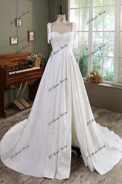Jacquard Satin Simple Wedding Gown With Long Tie Straps