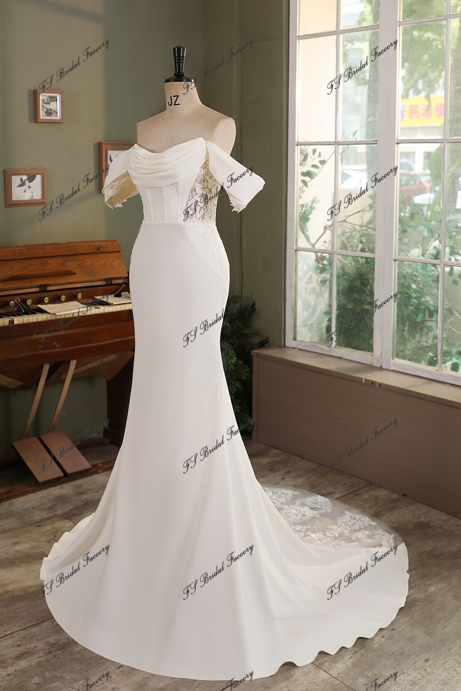 Ruffle Neckline Detached Off Shoulder Crepe Bridal Dress