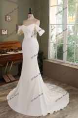 Ruffle Neckline Detached Off Shoulder Crepe Bridal Dress