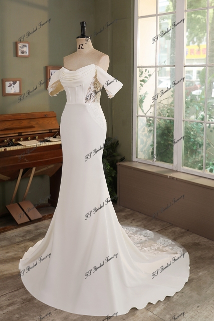 Ruffle Neckline Detached Off Shoulder Crepe Bridal Dress