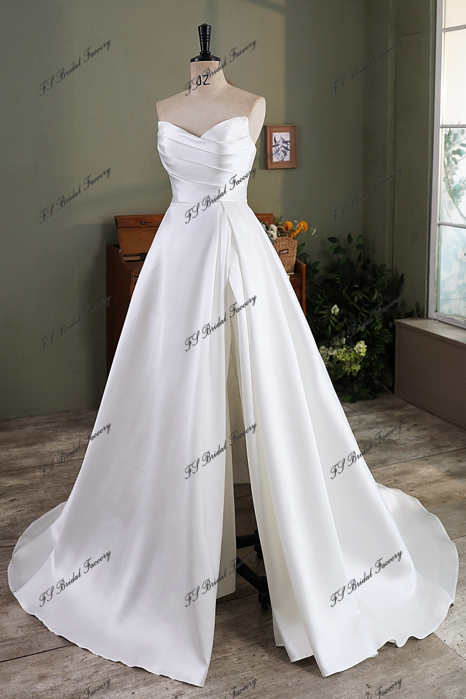 Simple A Line Mikado Wedding Gown With Slit Skirt
