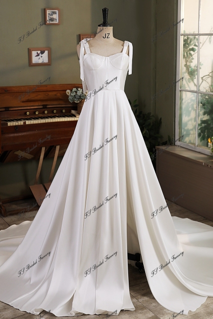 Soft Mikado Simple Wedding Gown With Long Tie Straps