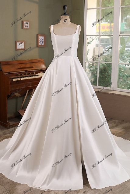 Ivory Mikado Square Wedding Gown With Pleat Slit Skirt