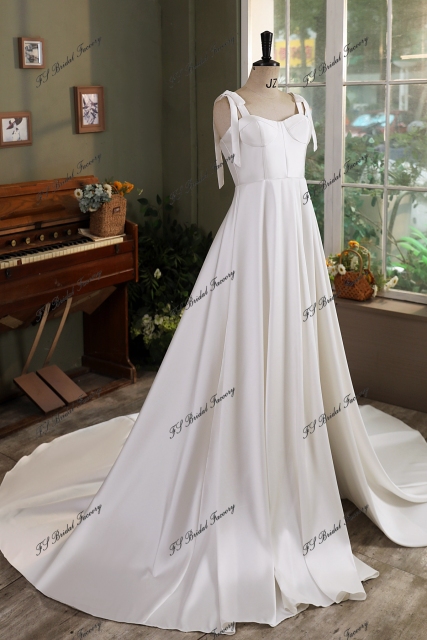 Soft Mikado Simple Wedding Gown With Long Tie Straps