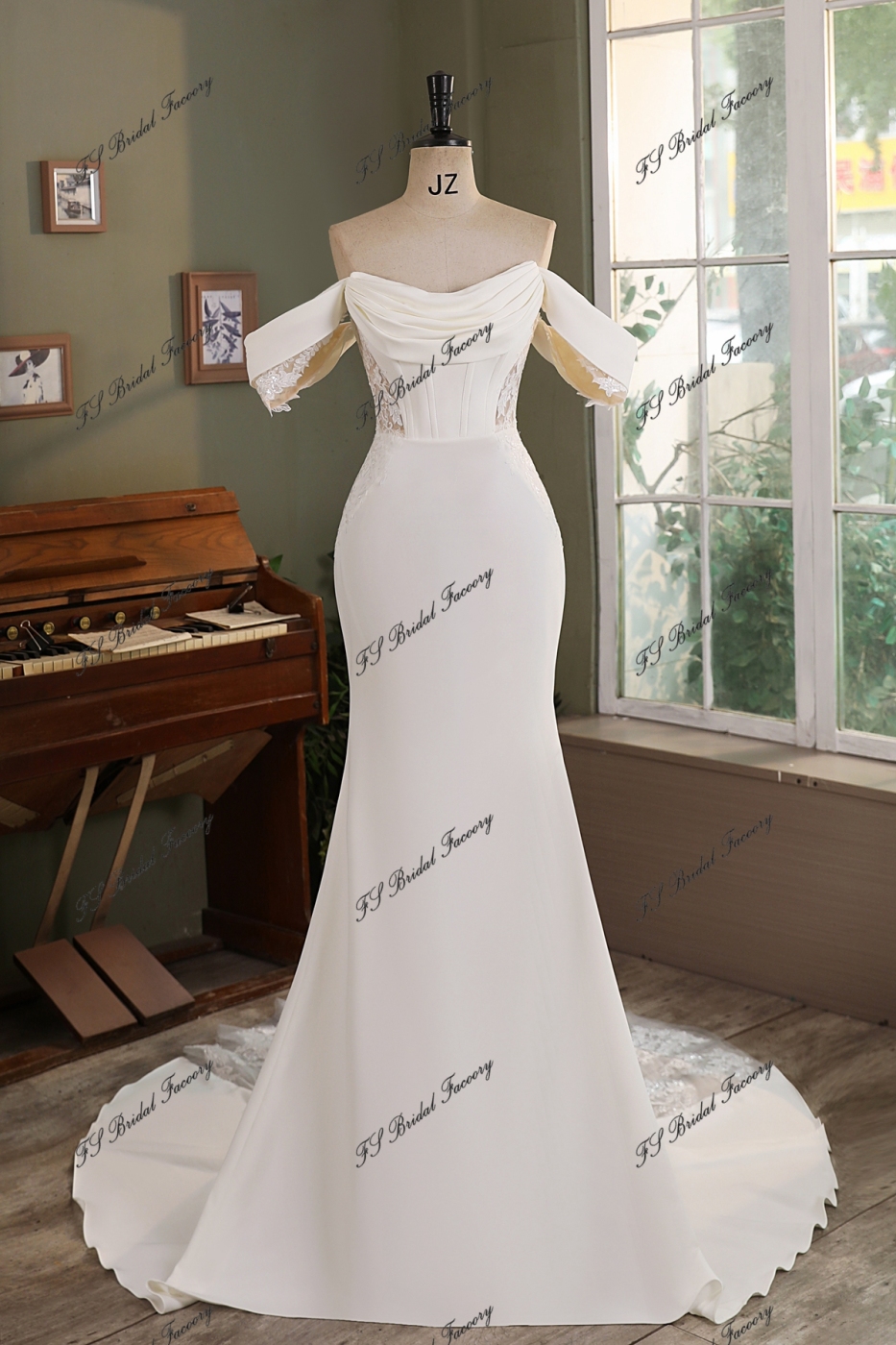 Ruffle Neckline Detached Off Shoulder Crepe Bridal Dress