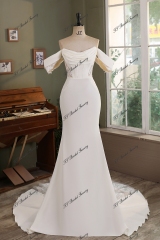 Ruffle Neckline Detached Off Shoulder Crepe Bridal Dress