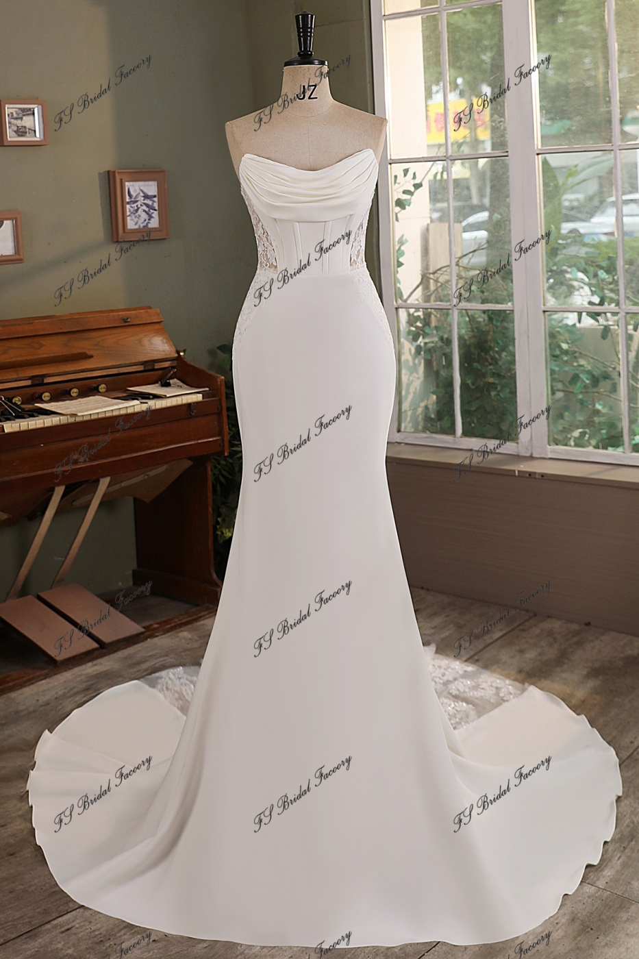Ruffle Neckline Detached Off Shoulder Crepe Bridal Dress