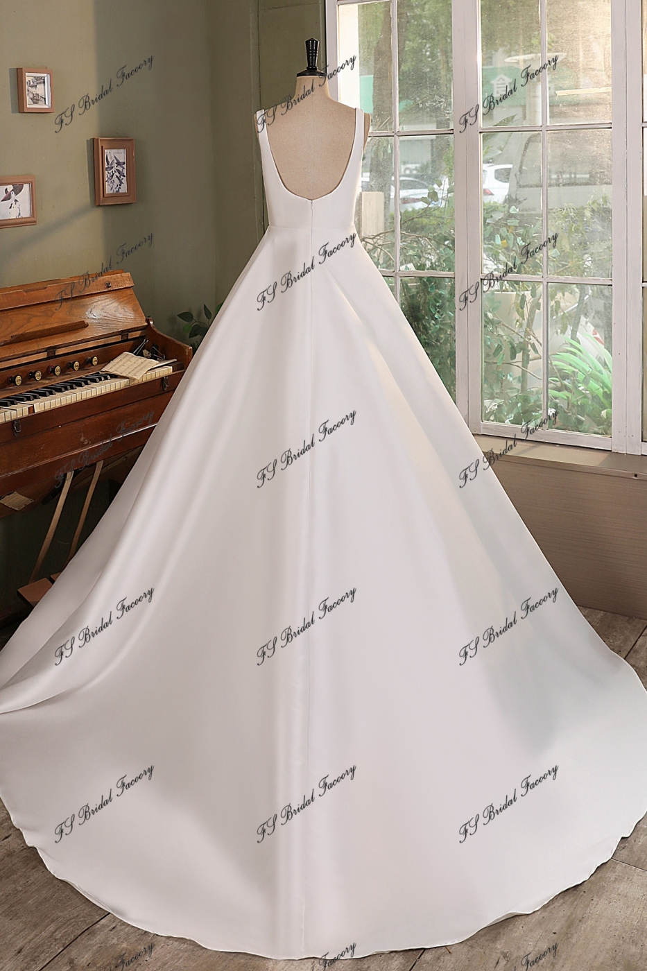 Ivory Mikado Square Wedding Gown With Pleat Slit Skirt