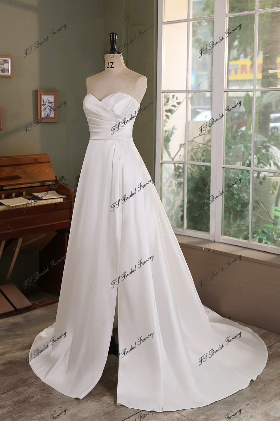 Soft A Line Mikado Wedding Gown With Slit Skirt