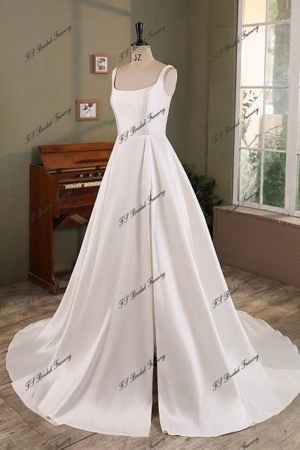 Ivory Mikado Square Wedding Gown With Pleat Slit Skirt
