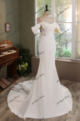 Ruffle Neckline Detached Off Shoulder Crepe Bridal Dress