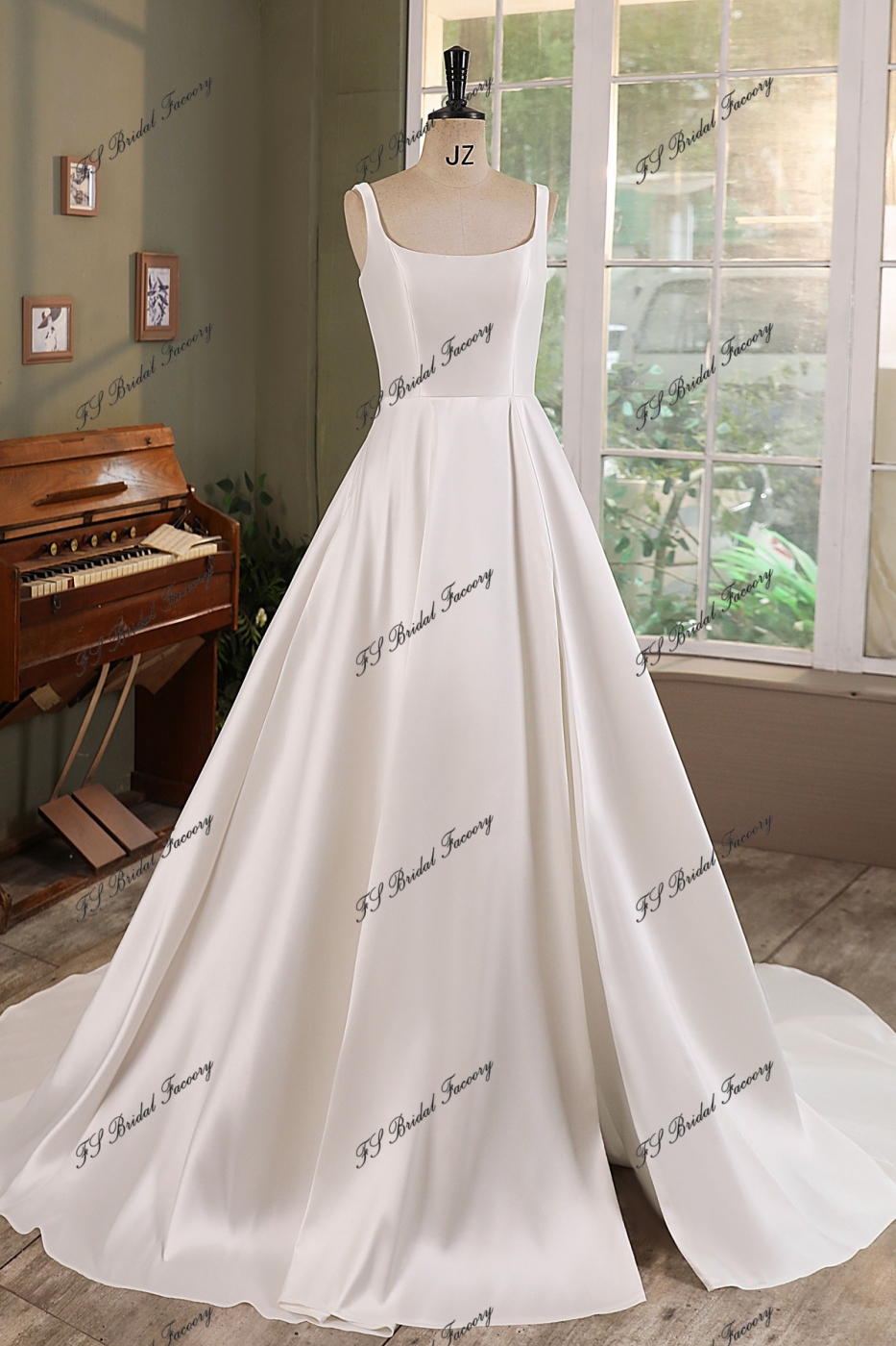 Ivory Mikado Square Wedding Gown With Pleat Slit Skirt