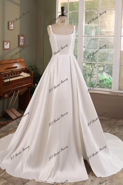 Ivory Mikado Square Wedding Gown With Pleat Slit Skirt