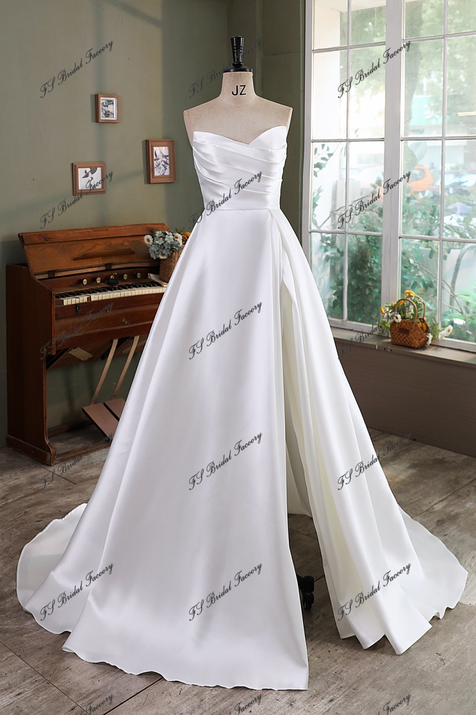 Simple A Line Mikado Wedding Gown With Slit Skirt