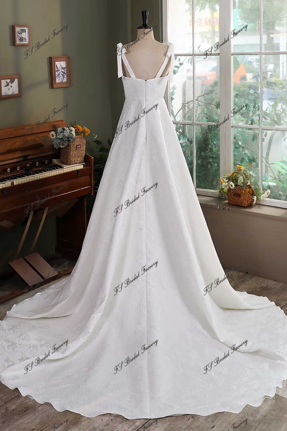 Jacquard Satin Simple Wedding Gown With Long Tie Straps