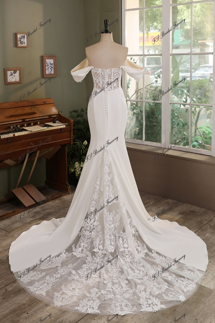 Ruffle Neckline Detached Off Shoulder Crepe Bridal Dress