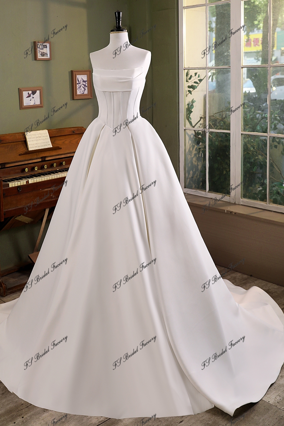 Simple V Waist Soft Satin Wedding Gown With Pleat Bodice