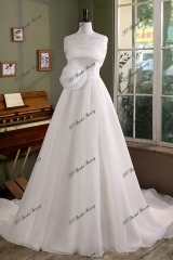 Detached Big Flowers  A Line Organza Satin  Wedding Gown With Slit Skirt