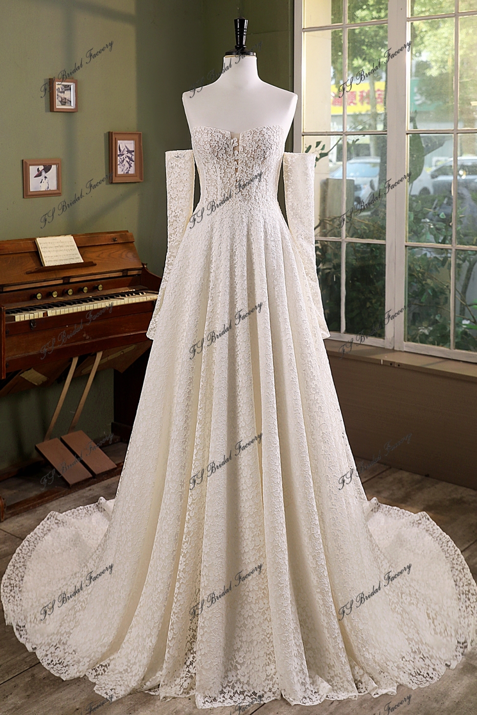 Detached Long Sleeve Allover Lace Sweet Heart A-Line Gown