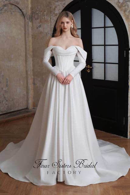 Satin A-Line Gown with Embroidered Sequined Lace on Skirt