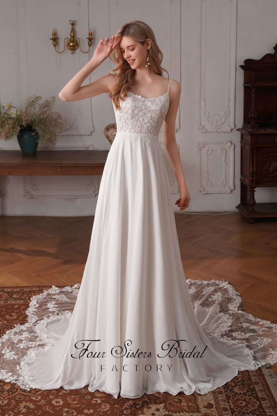 Satin A-Line Gown with Embroidered Sequined Lace on Skirt