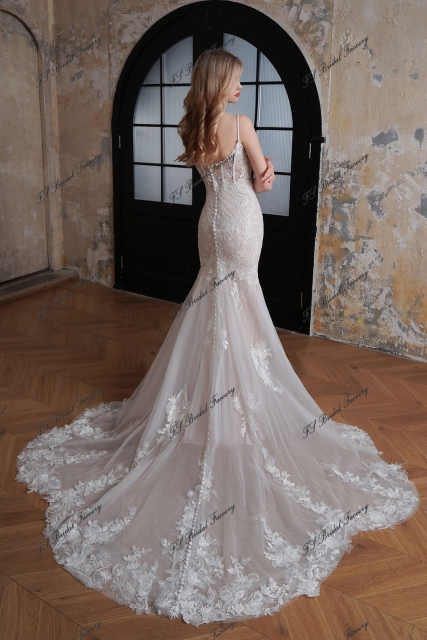 Delicate Beaded Spaghetti Straps Lace Mermaid Long Train Wedding Gown