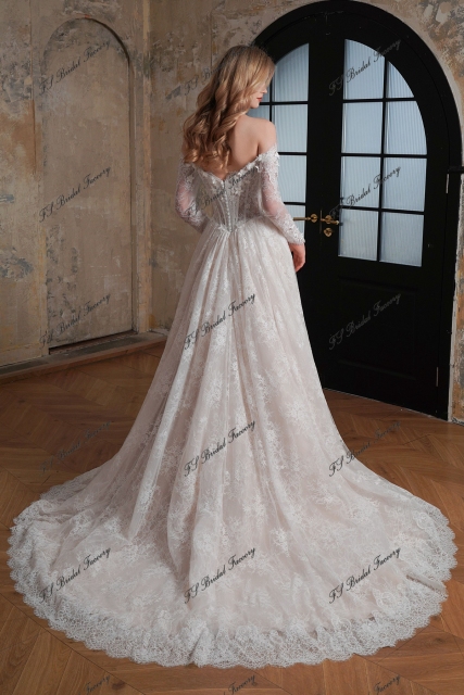 Flowing Off-the-Shoulder 3-D Flower Lace Ballgown Wedding Dress