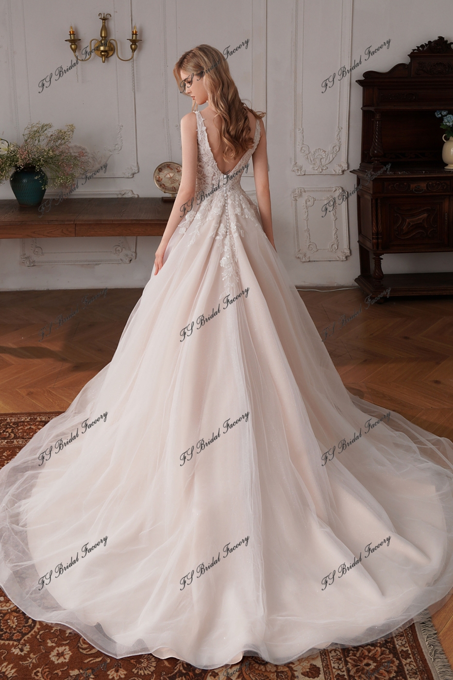Long Glitter Tulle A Line Beading Wedding Dress