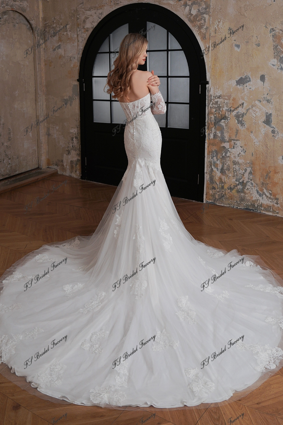 Delicate Beaded Spaghetti Straps Lace Mermaid Long Train Wedding Gown