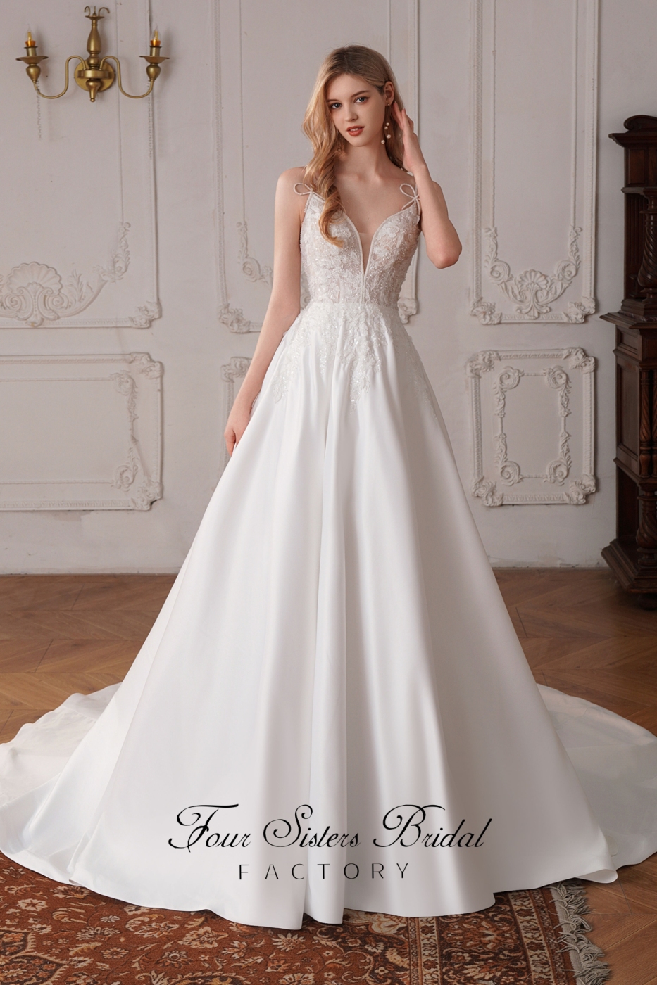 Long A Line Satin Wedding Dress With Detached Flowers