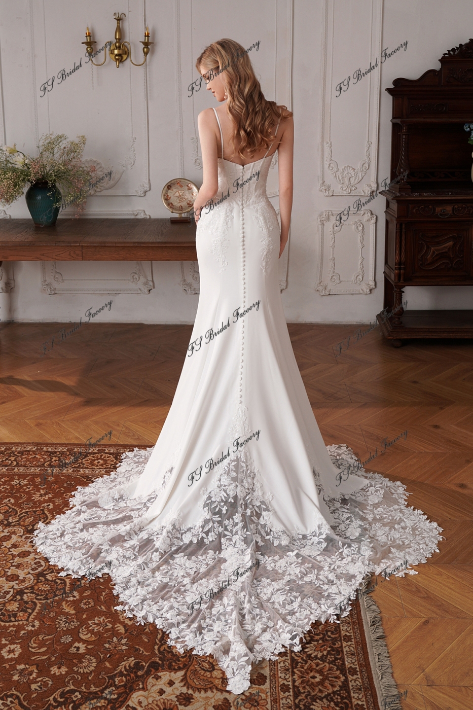 Sweetheart Neckline Long Mermaid Crepe Lace Train Wedding Dress