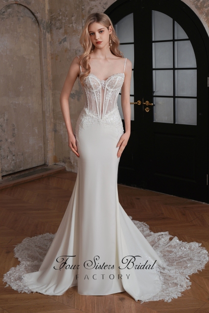 Dramatic Beaded Lace Train Mermaid Crepe Wedding Dress
