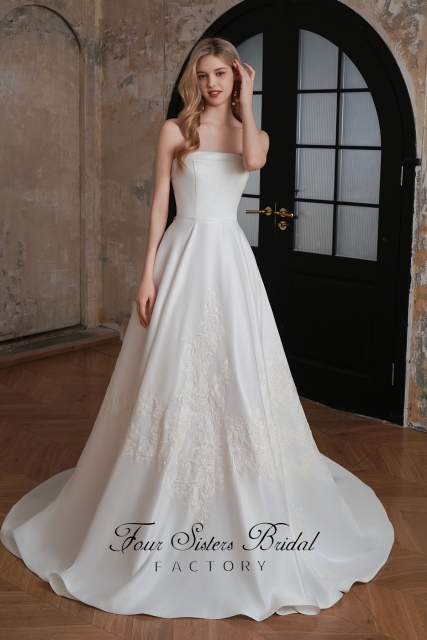 Sequined A-Line V-neck Satin Gown with Pleated Skirt White