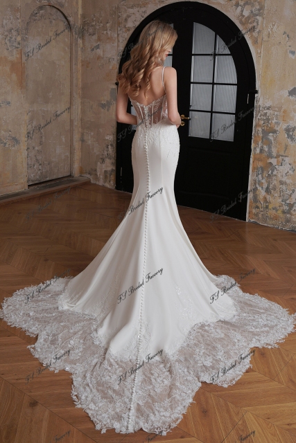 Dramatic Beaded Lace Train Mermaid Crepe Wedding Dress