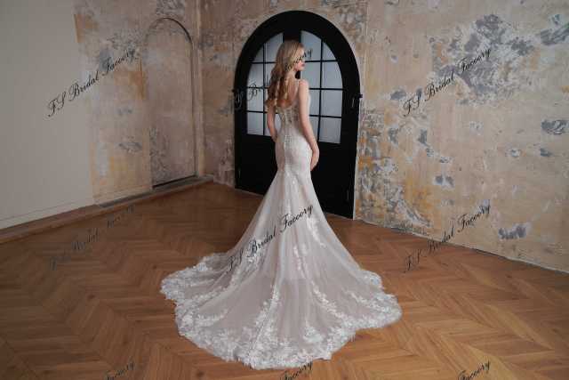 Delicate Beaded Spaghetti Straps Lace Mermaid Long Train Wedding Gown