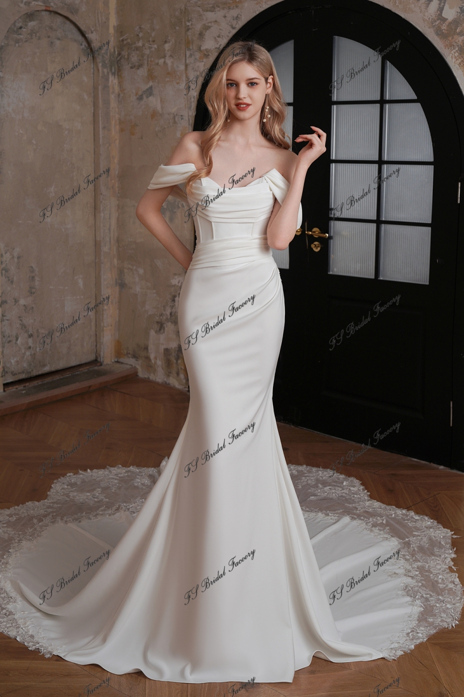 Long Mermaid Crepe Lace Train Wedding Dress With Detached Sleeve