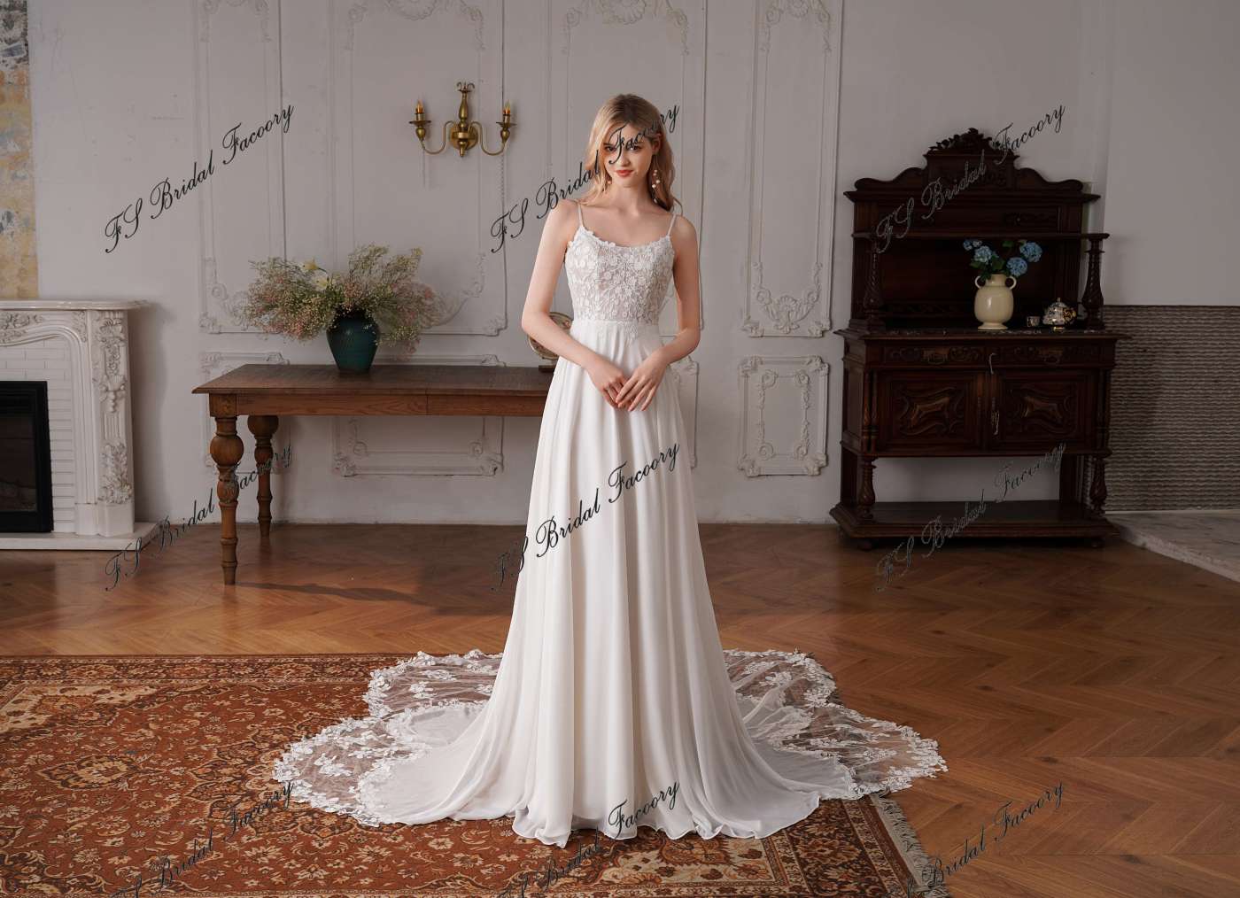 Long A-line Chiffon Wedding Dress With Round Neckline