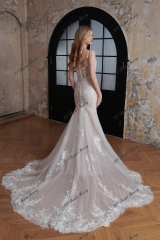 Delicate Beaded Spaghetti Straps Lace Mermaid Long Train Wedding Gown