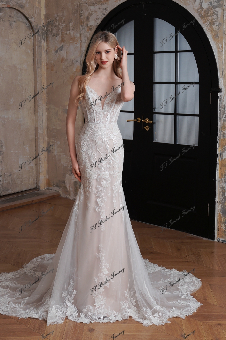 Delicate Beaded Spaghetti Straps Lace Mermaid Long Train Wedding Gown